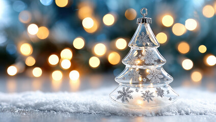Christmas Tree Ornament With Snowflakes On Snowy Surface And Bokeh Lights Background For Holiday Season And Festive Decorations