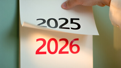 A hand flips a calendar page from 2025 to the bold red 2026, capturing a symbolic moment of transition into the new year with soft warm lighting