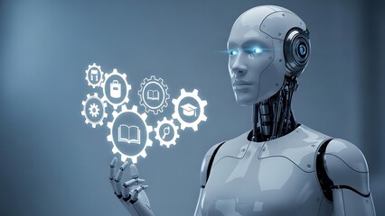 Futuristic robot holding holographic gears displaying icons of education and technology representing artificial intelligence and automation in learning and development
