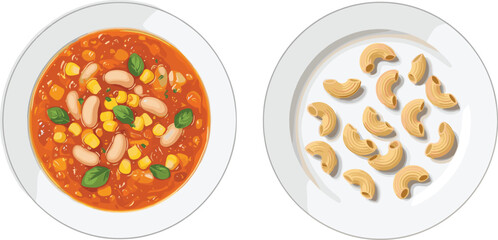 Vegetarian stew and dry pasta, food contrast, tomato broth, uncooked macaroni, culinary process, recipe concept, ingredient comparison, dish illustration