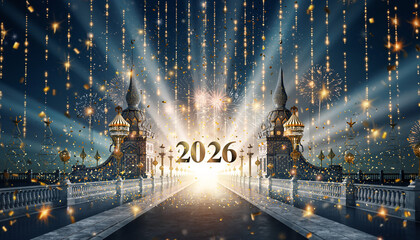 2026年 ゴージャスな花火とゴールドのグリッターが輝く近未来ネオン風新年の背景