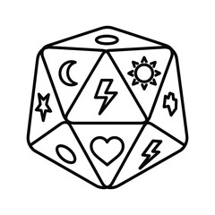 Mystical D20 Die Line Art with Sun, Moon, and Lightning Symbols