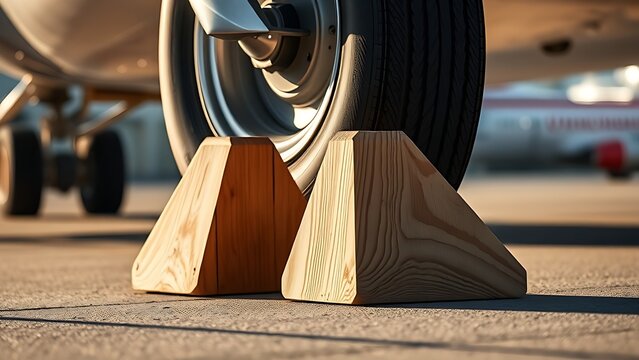 chocks. Wooden wheel chocks placed securely against a large aircraft tire. mobility guides, transit brochures, designed for mobility and urban transit guides, used by operations managers.