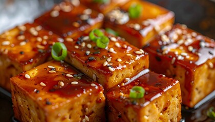 Close up of glazed tofu cubes with sesame seeds and herbs