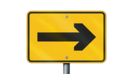 Yellow square traffic sign with a black arrow pointing right transparent background