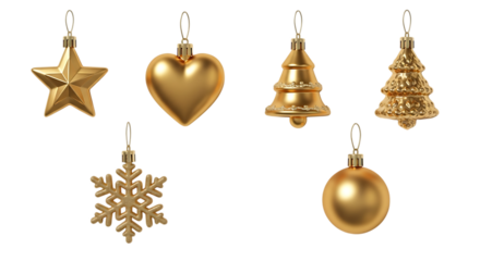 Collection of shiny golden christmas ornaments including star heart tree bell and snowflake