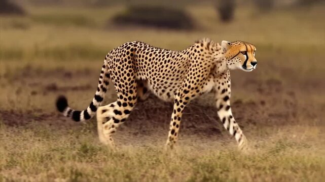 Graceful cheetah captured in a moment of intense speed, running through the dusty savanna with powerful strides and focused determination