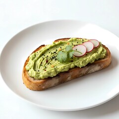 Delicious avocado toast with radish slices on a bright white plate, perfect for healthy breakfast or brunch promotion, vibrant and visually appealing
