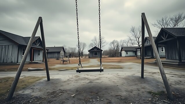 ppa. Empty playground swing moving in abandoned village under overcast sky. lifestyle magazines, social media lookbooks, designed for influencer and brand collaborations.