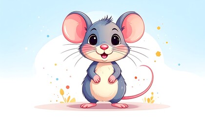 A cute, cartoonish mouse stands upright, smiling widely. It has big eyes, rosy cheeks, and a long, curly tail. The background is a soft blue with dots