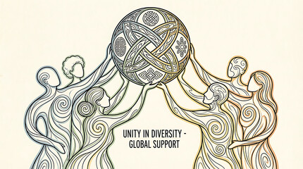 Stylized illustration of diverse people holding a patterned sphere, symbolizing unity in diversity and global support.