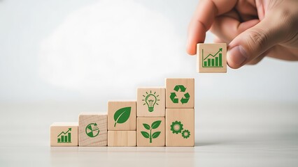 Building a sustainable future hand placing eco friendly blocks to show growth and environmental responsibility representing green business and eco conscious investment