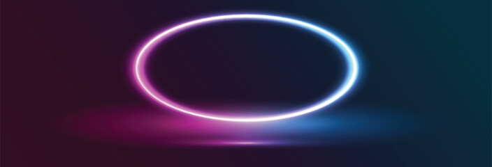 Neon circle display background. 3d render, blue pink neon round frame, circle, ring shape, empty space, ultraviolet light, retro style, fashion show stage, abstract background, vector illustration.