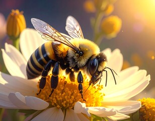 Close-up of a bee on a daisy flower collecting pollen in warm sunlight view