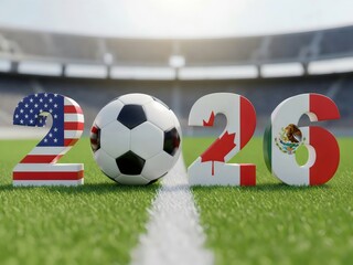 2026 International Soccer Championship: USA, Canada, Mexico Co-Hosts. Flag-Themed Numerals and Ball on Stadium Grass Pitch