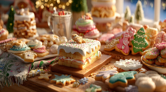 Overhead view of a festive holiday table filled with christmas treats and desserts