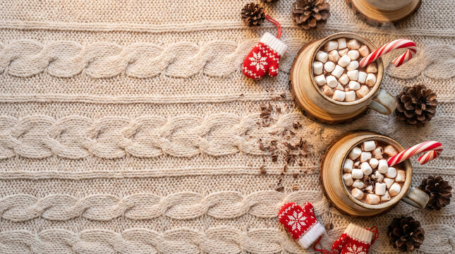 Hot Chocolate Mugs with Marshmallows and Candy Canes on a Beige Knitted Sweater Background with Pinecones