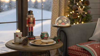 Elegant Christmas scene with a small table, nutcracker, snow globe, and festive cookies near a cozy sofa.
