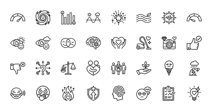 Emotion and feeling line icon set. Vector pictograms of mental health, love, relationships, and mood swings, thin linear illustration.