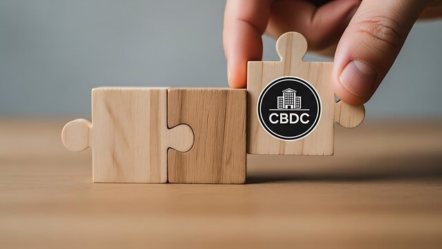 Completing the cbdc puzzle hand placing wooden piece with central bank digital currency logo representing digital finance and innovation for the future economy