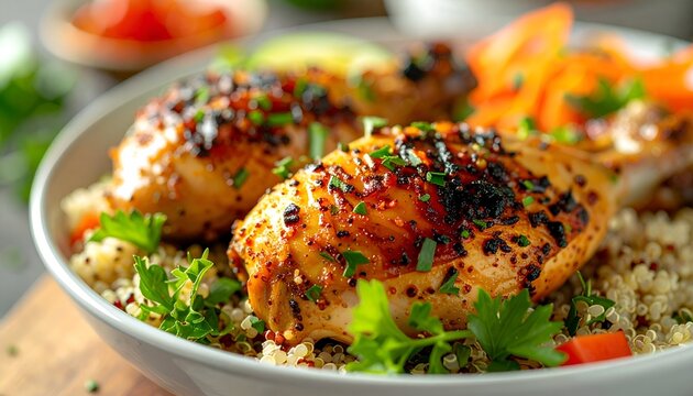 Close up of grilled chicken drumsticks with quinoa and fresh herbs in bowl - Powered by Adobe