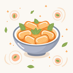 Bowl of Golden Fried Croquettes Garnished with Fresh Green Basil Leaves with Decorative Swirls and Dots on a Light Peach Background