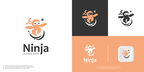 Cute ninja jumping, fun style, symbol of Japanese warriors, graphic design template.