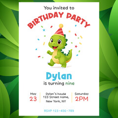 Birthday party invitation with cute green dino and confetti. Perfect for holidays, events and kids theme parties.
