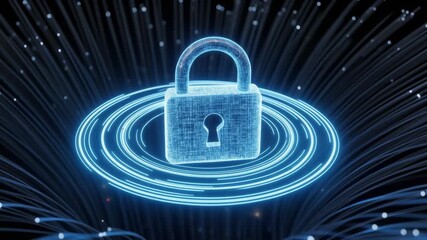 Glowing blue digital padlock centerpiece over swirling abstract data lines symbolizing network cybersecurity and internet protection - Powered by Adobe