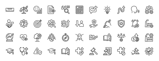 Business and education line icon set. Vector pictograms of scale, target, calculator, brain, factory, compass, and gavel, thin linear illustration.