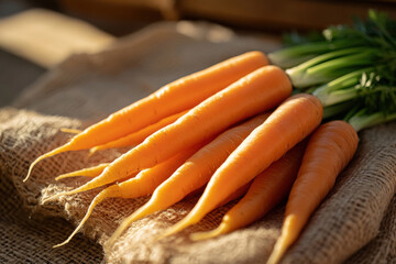 Freshly harvested carrots on burlap, a healthy and vibrant root vegetable. bright orange carrots are a delicious and nutritious addition to any meal, perfect for cooking or snacking.