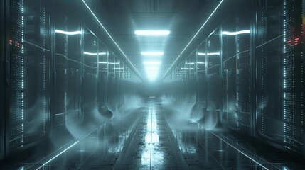 Data center server room with futuristic cooling and network