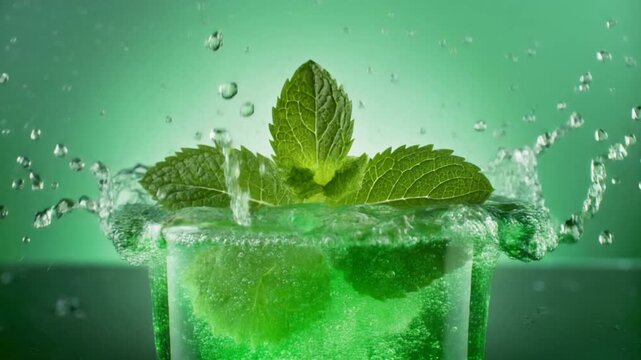 Closeup of a green beverage with mint leaves splashing