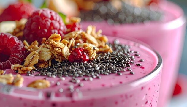 Close up of smoothie with berries granola and chia seeds food photography