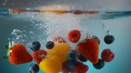 Closeup shot of mixed fruits splashing into water - Powered by Adobe