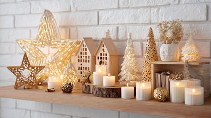 Christmas composition on the shelf in the living room interior. Beautiful decoration. Christmas trees, candles, stars, light and elegant accessories. Merry Christmas and Happy Holidays, Template.