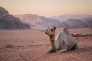 Camel resting in desert landscape during sunset  
