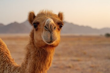 Camel gazing curiously in desert landscape during sunset  