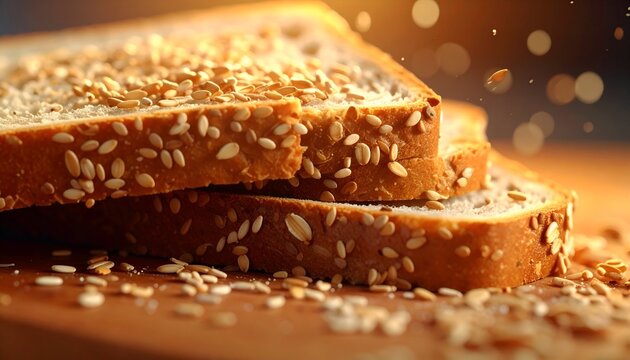 Close up of toasted bread slices with sesame seeds on a wooden surface
