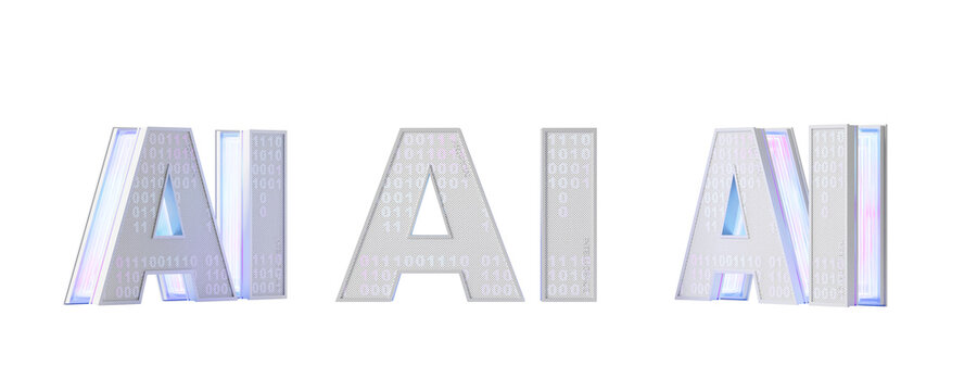 Shiny 3D metallic letters forming AI with binary code texture, neon light accents, isolated on white background, concept of futuristic digital design. 3D Rendering.