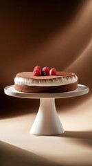 Chocolate cake with raspberries on a white cake stand  