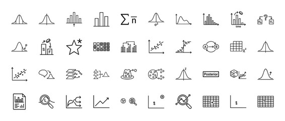 Statistics and data science line icon set. Vector pictograms of normal distribution, bar charts, mean, regression, and chi-squared, thin linear illustration.