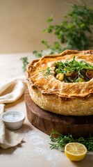 Savory pie with herbs and lemon on wooden board with ingredients  