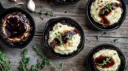 Savory shepherd's pie in individual cast iron pans on wooden table  