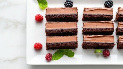 Delicious chocolate cake slices garnished with berries on a platter  