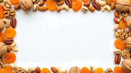 Delicious healthy nuts and dried apricots forming a clean frame