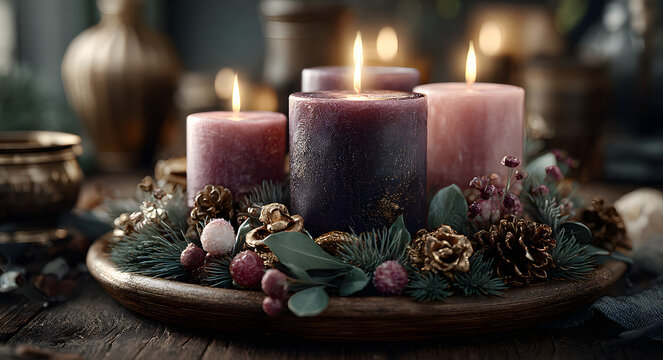 Traditional Advent Wreath With Purple Candles Celebrating The First Sunday Of Advent