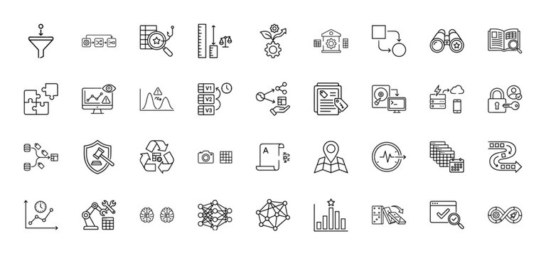 Data science and analytics line icon set. Vector pictograms of funnel, algorithms, security, and machine learning, thin linear illustration.