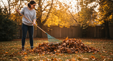 Woman raking autumn leaves in garden during sunset  