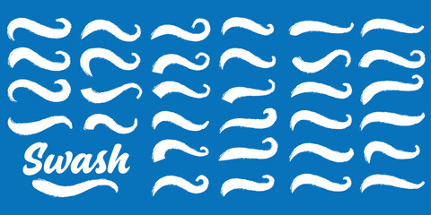 Obraz premium Swoosh and swash tails line collection. Swooshes text tail for baseball design. Typography tails shape for football or athletics sport team sign text. Blue and Yellow color swoosh